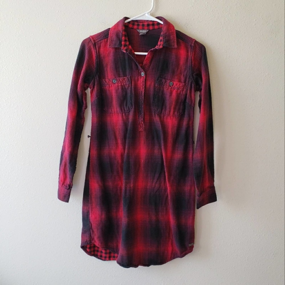 Eddie Bauer Women's Black Red Plaid Flannel Long Sleeve Shirt Dress Size 2